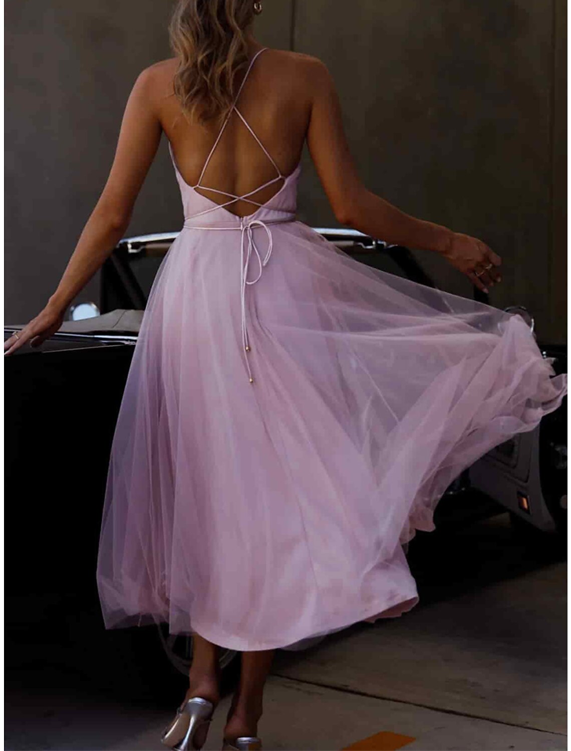 Wholesale Women's Party Dress Homecoming Dress Wedding Guest Dress Midi Dress Purple Sleeveless Pure Color Mesh Spring Fall Winter Spaghetti Strap Fashion Birthday Wedding Guest Vacation